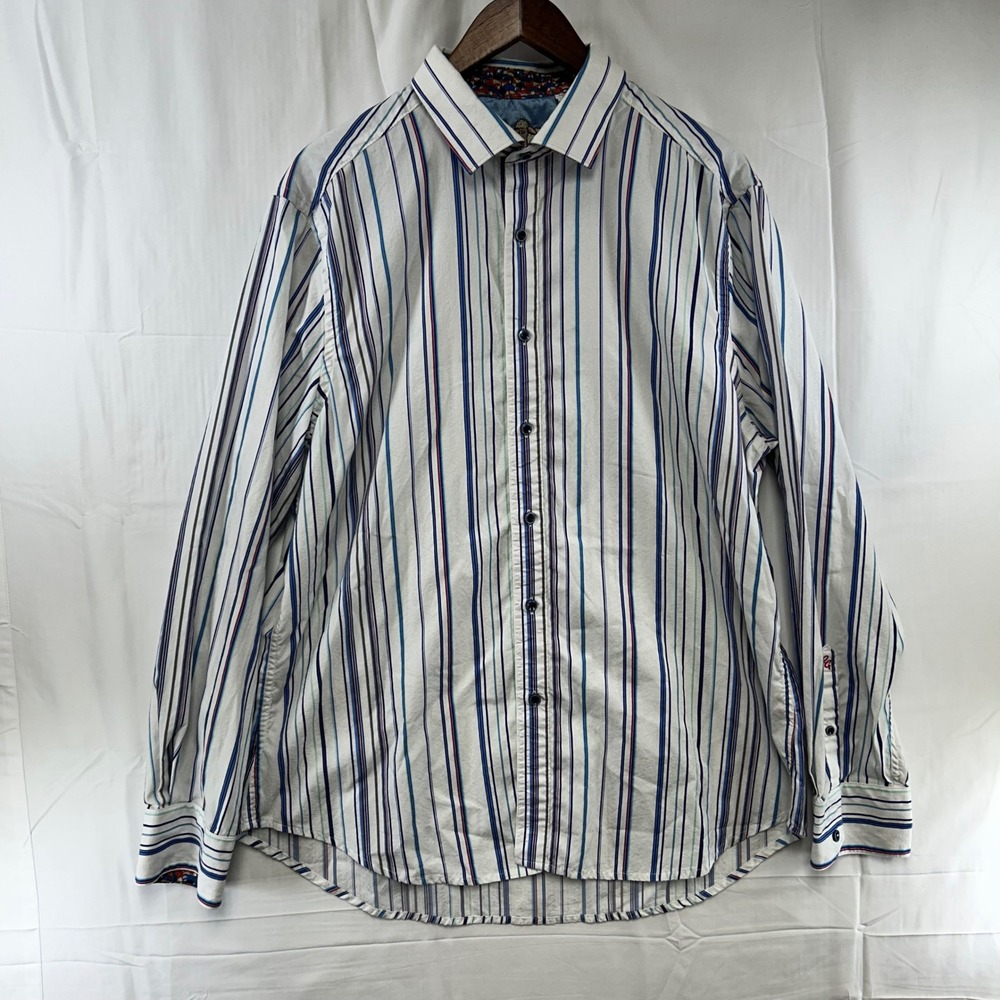 Robert Graham Button Shirt Mens 2XL White Striped Classic Fit Long Sleeve Sheep